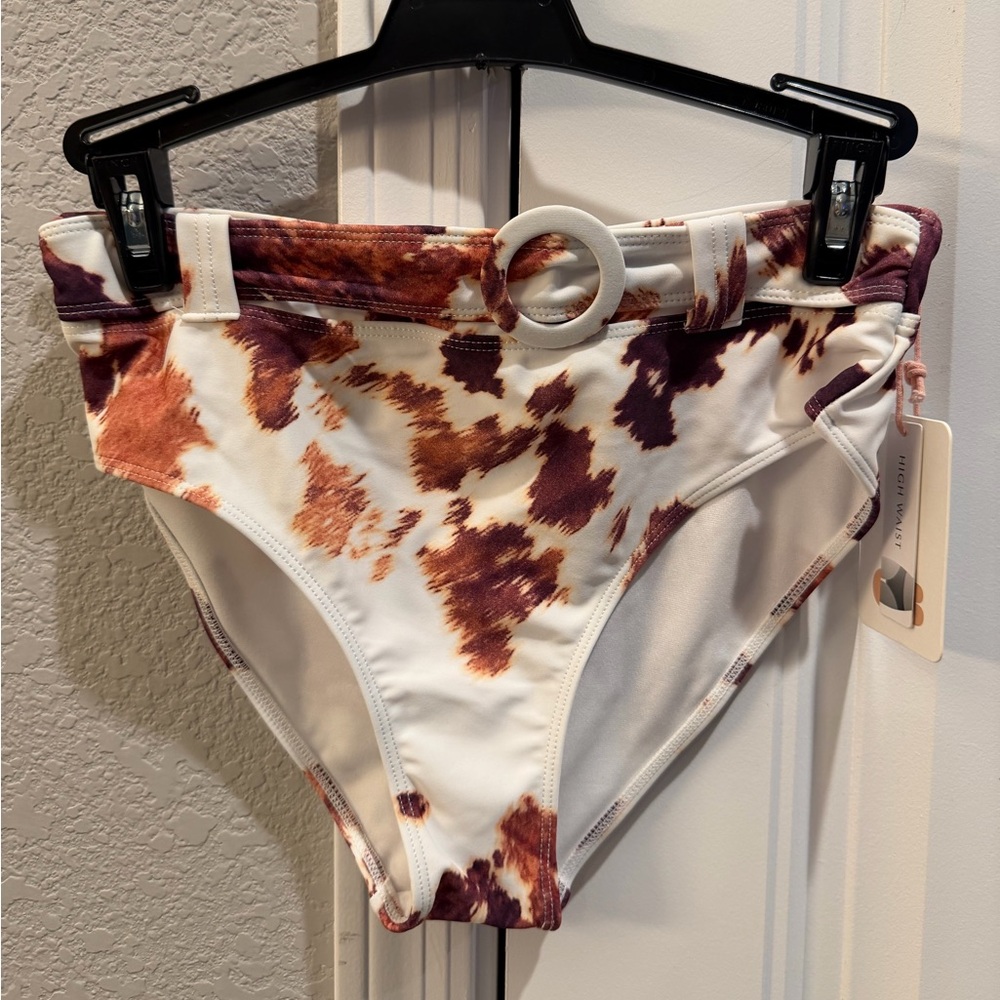 Dillards GB High-Waist Swim Bottoms in Brown Tie-Dye Print